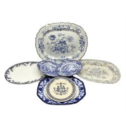 Quantity of blue and white ceramics to include Spode Italian pattern plates, Johnson Brothers Staffordshire 'Hearts & Flowers' plate, and four meat plates, largest L50cm