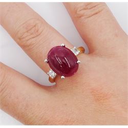 18ct gold three stone cabochon ruby and round brilliant cut diamond ring, hallmarked, ruby approx 11.40 carat