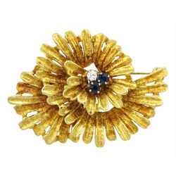 18ct gold three stone diamond and sapphire stylised flower brooch, London import mark 1969