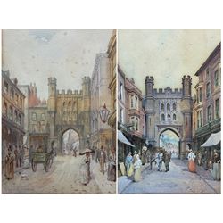 Charles Rousse (British fl.1870-1890): Newborough Bar - Scarborough, watercolour signed; Frank Harris (British 19th century): Scarborough Victorian Street Scene, watercolour signed max 34cm x 24cm (2)