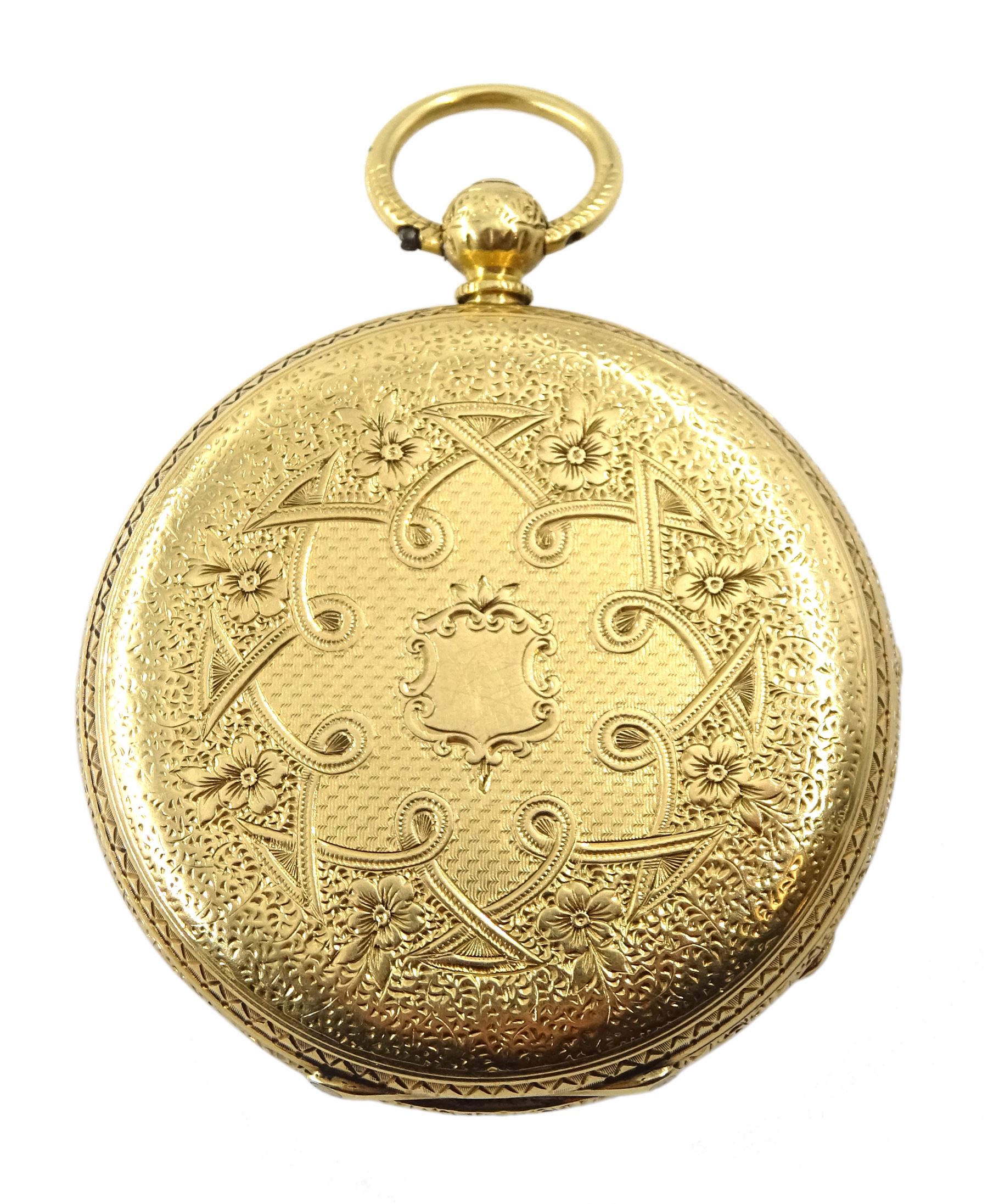 Victorian 18ct gold open face English lever fusee ladies pocket watch, No. 24130, gilt dial with Roman numerals, case by Michael Klean & Co, London 1867