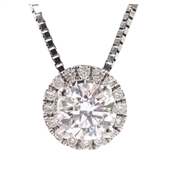  18ct white gold diamond halo pendant necklace, stamped 750, central diamond 0.47 carat with certificate  