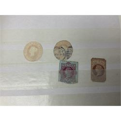 Mostly Great British Queen Victoria stamps, including penny black with black MX cancel, 1840 two pence blue with black cancel, imperf penny reds singles and pairs, perf penny reds stars and plates, various postmarks or cancels, penny reds on pieces or covers, halfpenny 'bantams', other QV issues with some higher values etc, housed in a blue stockbook