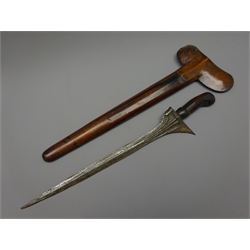  Malayan Kris, 33cm fullered double edge steel blade, shaped hardwood grip carved with symbols, in hardwood scabbard, L48cm  