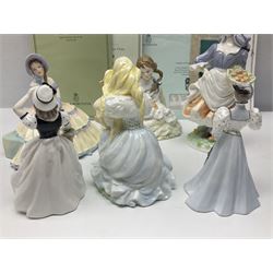 Two Royal Worcester figures, comprising Rosie Picking Apples and Safe at Last, together with Royal Doulton figure Daydream HN1731, together with three Coalport figures 