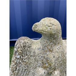 Pair composite stone perched eagle figures/gate post toppers with spread wings, on hexagonal slab base  - THIS LOT IS TO BE COLLECTED BY APPOINTMENT FROM DUGGLEBY STORAGE, GREAT HILL, EASTFIELD, SCARBOROUGH, YO11 3TX