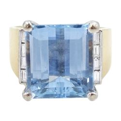 14ct gold aquamarine and diamond ring, emerald cut aquamarine with four baguette cut diamonds set either side, stamped 14K 585, aquamarine approx 6.55 carat