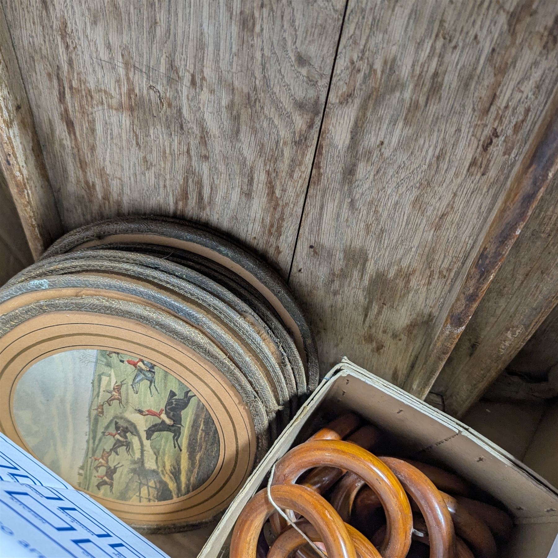 Various wooden and lacquer trays, curtain loops, etc, in one box
Provenance: from the Kirkham Hall estate. 