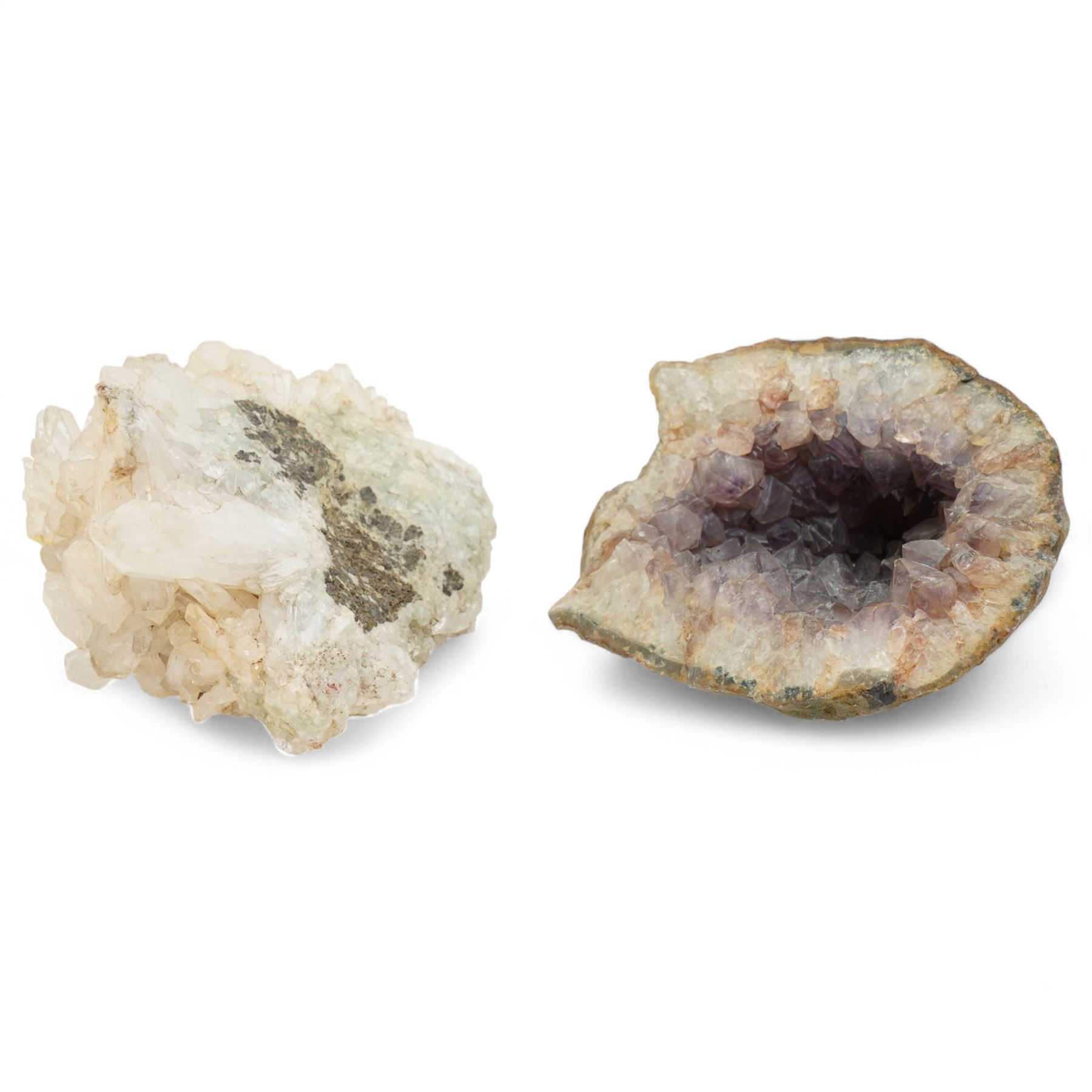 Two amethyst geode clusters, with white and purple crystalline formations, purple formation W18cm (2)
