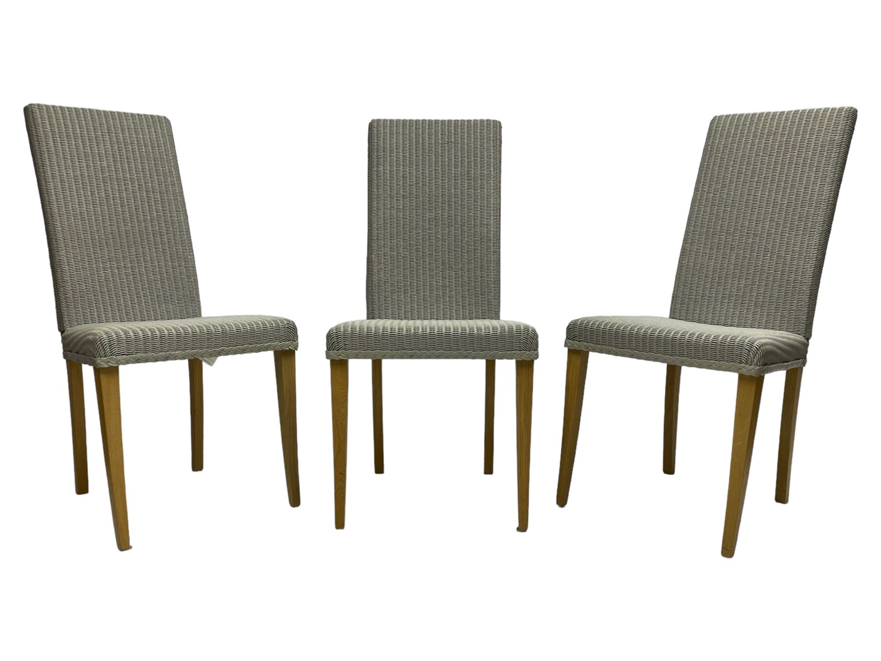 Lloyd Loom - set of six 'Maybourne' slate painted high back wicker dining chairs, raised on light oak square tapering supports