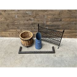 Black painted wrought iron fire guard , wicker log basket with stand, coal bucket and a fire kerb (4)
