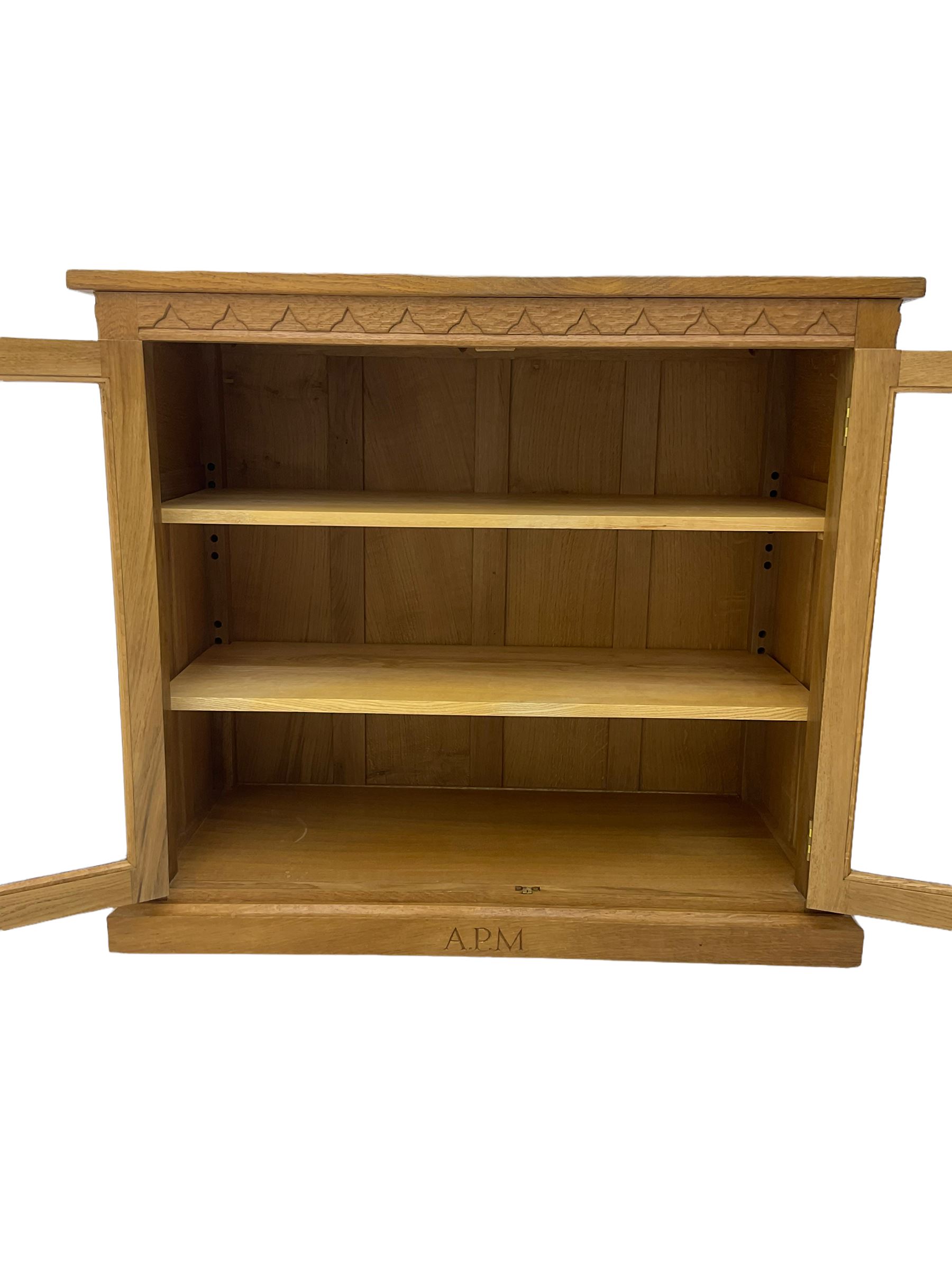 Catman - Yorkshire oak side cabinet, fitted with two glass doors, carved inset Cat signature, by Chris Checksfield of Whitby (Ex Gnomeman)