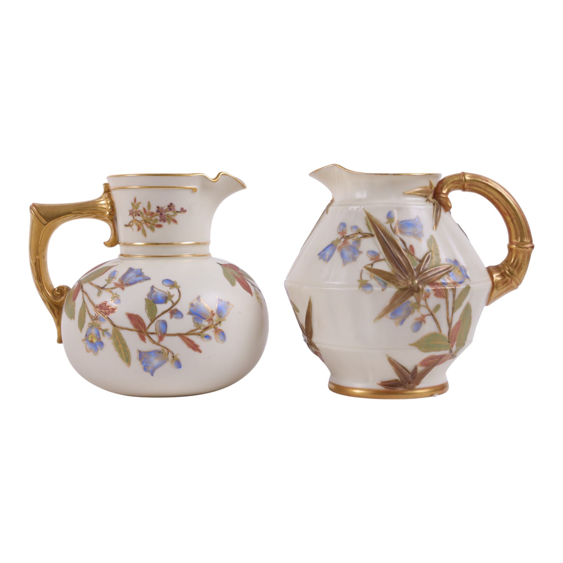 Five Royal Worcester Blush Ivory jugs, comprising one shape 1085 example with bamboo handle, one shape 1376 example with floral decoration and gilt handle and three shape 1094 examples, each decorated with floral sprigs, with printed marks beneath, tallest H14cm
