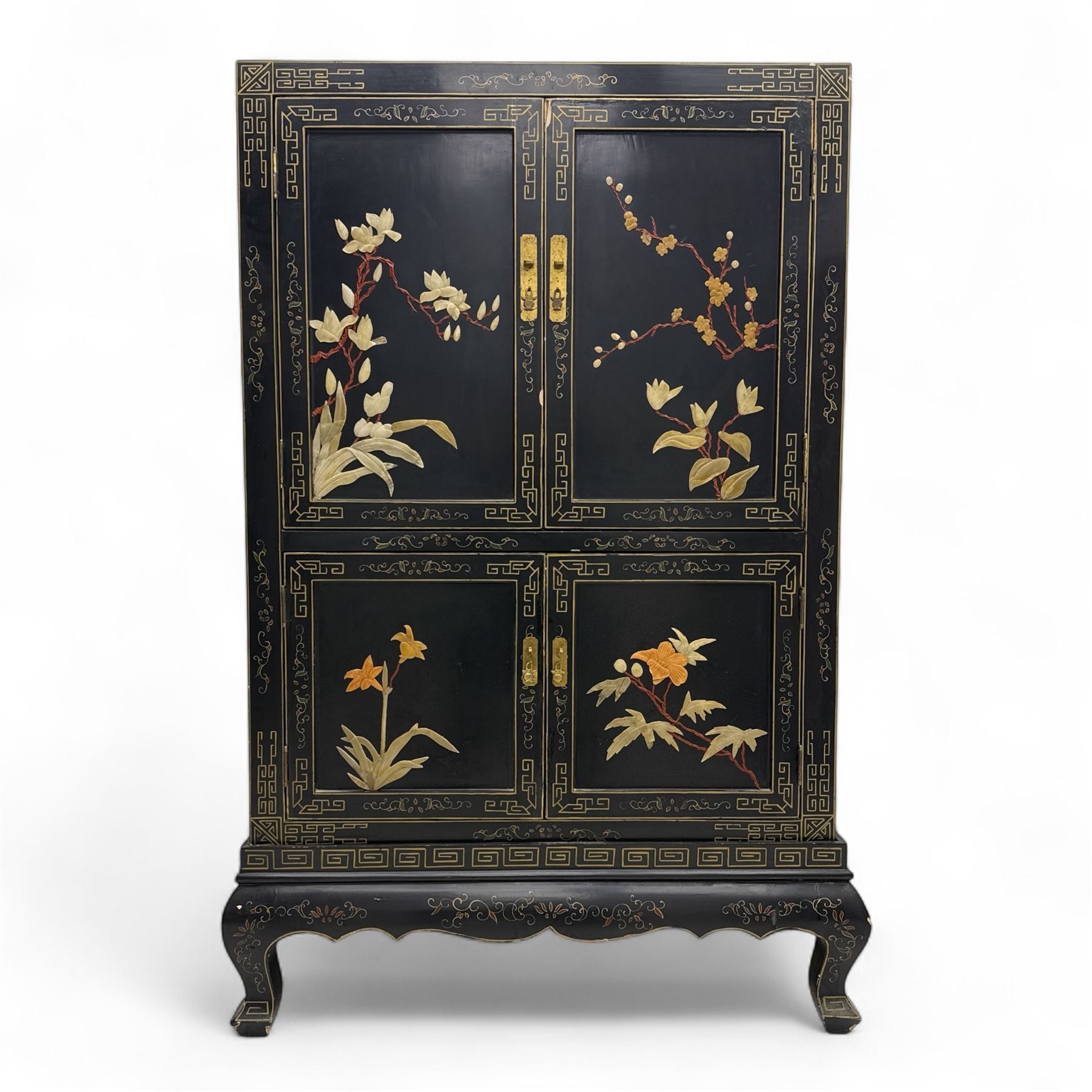 Late 20th century Chinoiserie black lacquer cabinet, the rectangular body decorated with hand-painted floral and foliate motifs in polychrome and gilt, fitted with four panel doors enclosing shelved interior, on shaped apron and stylised cabriole supports with gilt scrollwork