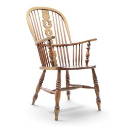 19th century elm Windsor armchair, with central pierced splat, flanked by spindles, dished...