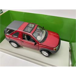 Five 1:18 scale die-cast models - Corgi 1963 MGB Roadster; Britains Collectibles Triumph TR6; Ertl Collectibles Freelander Land Rover; Matchbox Collectibles Jeep Jeepster; and Motor Max 2002 Mercedes-Benz CLK; all boxed (5)