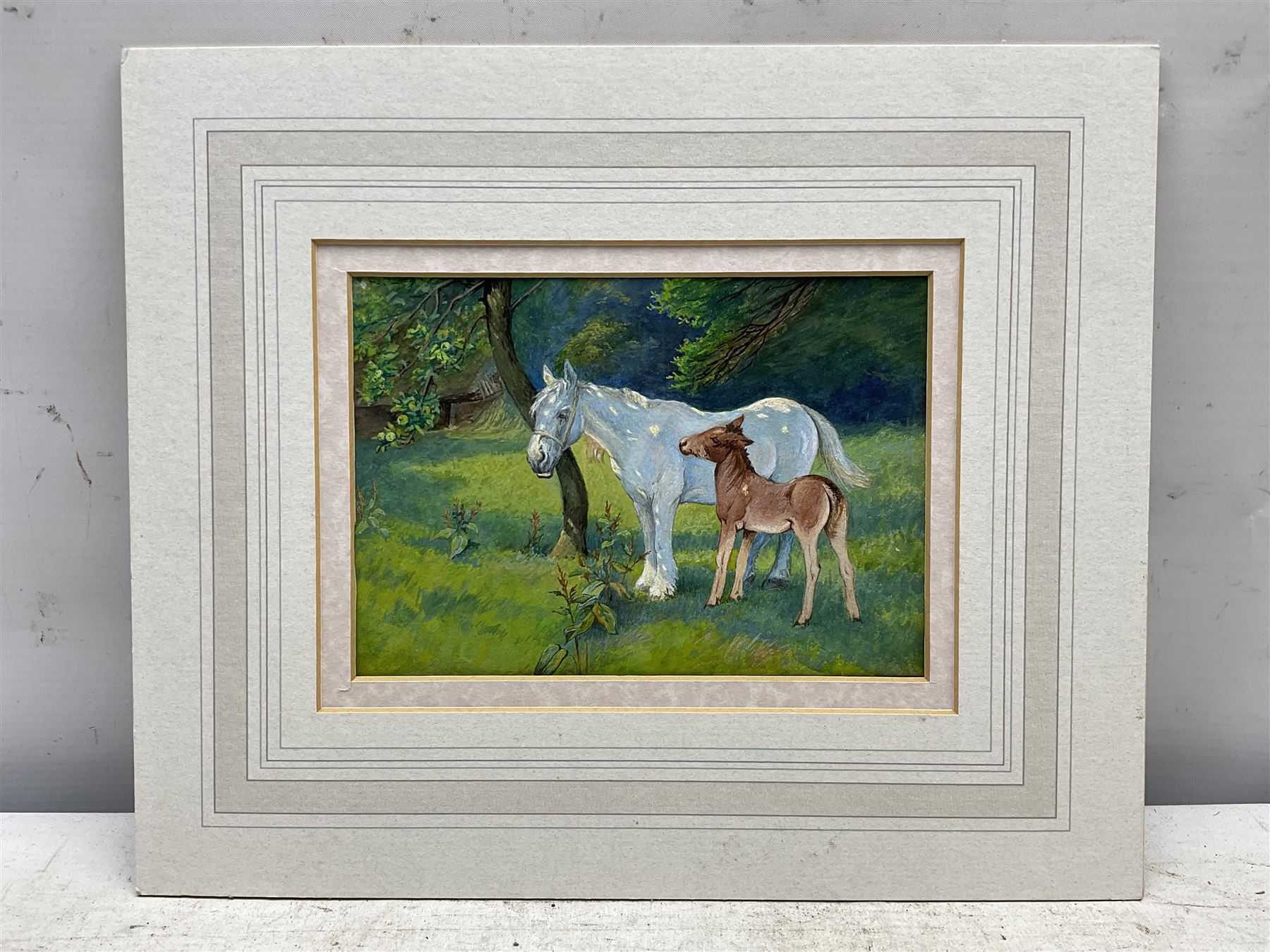 Attrib. Lucy Elizabeth Kemp-Welch (Britsih 1869-1958): Ponies in the Orchard, watercolour unsigned 12cm x 17cm (mounted)