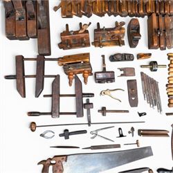 Collection of planes and woodworking tools including wood planes, chisels, hammers etc along with three books (Antique Woodworking Tools, Timber Preservation and Woodworkers Pocket Book)