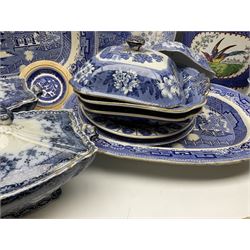 Quantity of Victorian and later blue and white ceramics to include Copeland Spode slop bucket, Trent' pattern dinner wares by F. & Sons. Burslem, Mason's, meat platters etc