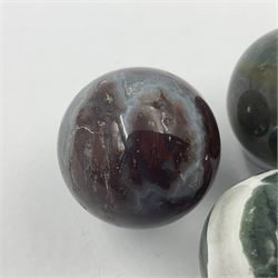 Six mineral specimens spheres, comprising jasper red, spotted agate, unakite, sardonyx, petrified wood and bloodstone, D2cm