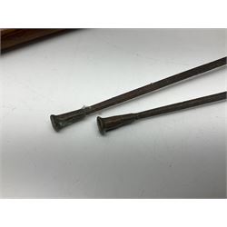 Leather covered swagger/sword stick with 40cm steel blade L62cm overall; another ash sword stick with 30cm diamond section steel blade; pair of fencing foils, the blades marked Solingen; two reproduction flintlock pistols; and 92cm inert cartridge belt (7)