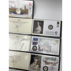 Seven Harrington & Byrne coin/medallion covers, '2020 Brexit Solid Silver Proof Commemorative Cover', '2020 Queen's Birthday Fine Silver Coin Cover', '2020 75th Anniversary of VE Day Silver Proof 50p Coin Cover', '2020 180th Anniversary of the Penny Black Silver Proof 50p Coin Cover', '2020 80th Anniversary of Dunkirk Silver Proof £5 Coin Cover', '2020 St George and the Dragon Silver Proof £5 Coin Cover' and '2020 80th Anniversary of the Battle of Britain Silver Proof Coin Cover' (7)