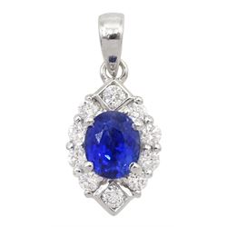 18ct white gold oval Ceylon sapphire and round brilliant cut diamond pendant, hallmarked, sapphire approx 0.60 carat