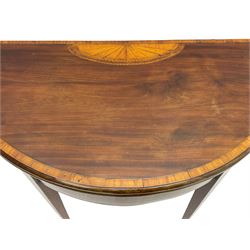 George III inlaid mahogany card table, demi-lune fold-over top with satinwood band and large fan motif, baize lined interior, double gate-leg action base, on square tapering supports with spade feet