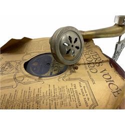 His Master's Voice table top wind up gramophone on a circular wooden base, with brass horn, H72cm, Horn D43cm. 