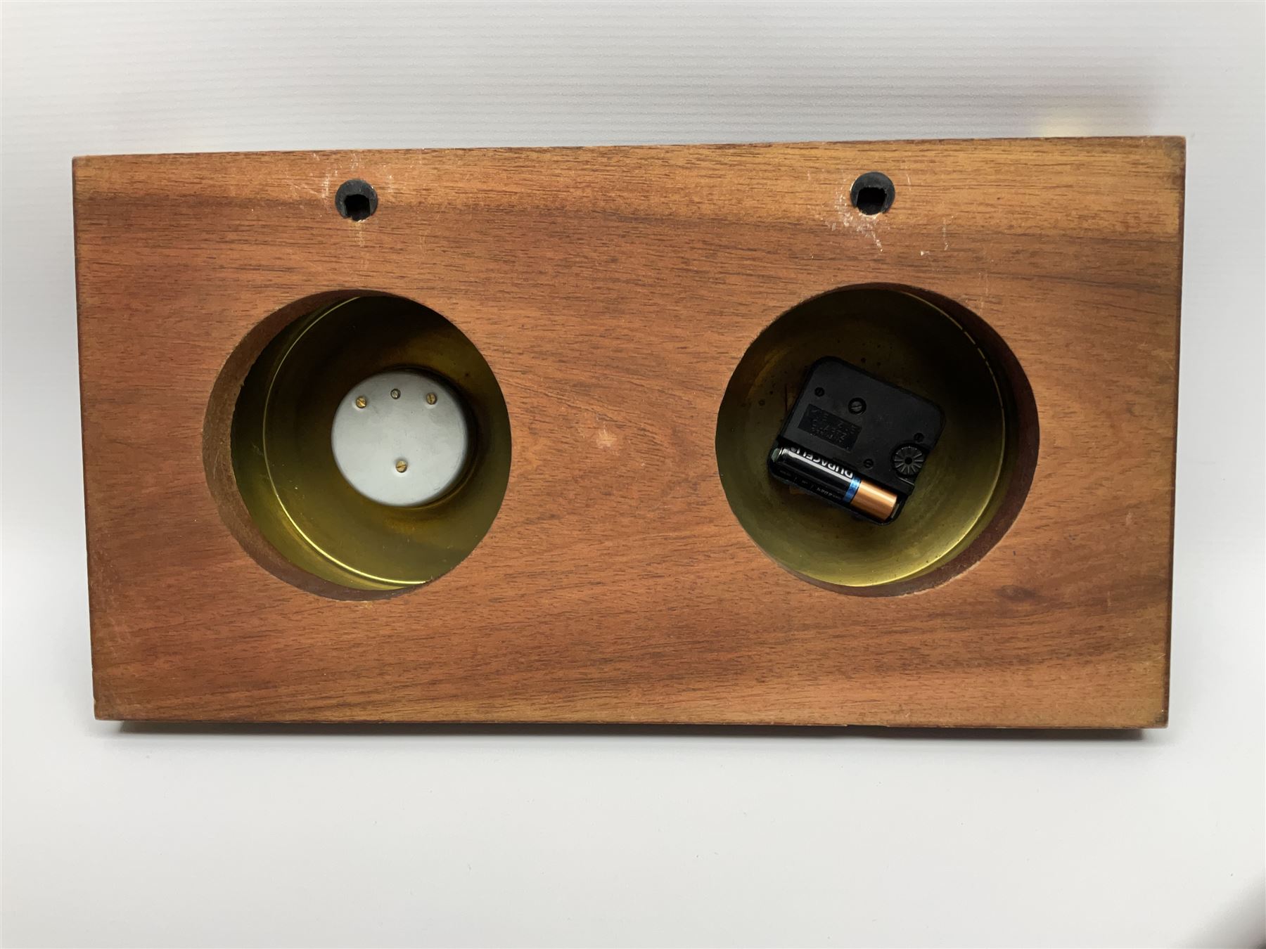 Wall hanging Spectrum quartz clock and Weathermaster barometer, together with six turned spokes ship wheel with brass central boss, D48cm