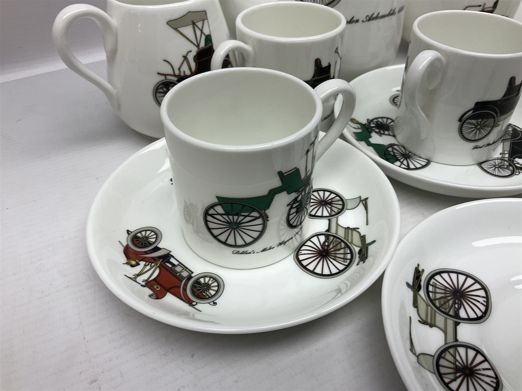 Crown Staffordshire coffee service for six, decorated with motor cars 