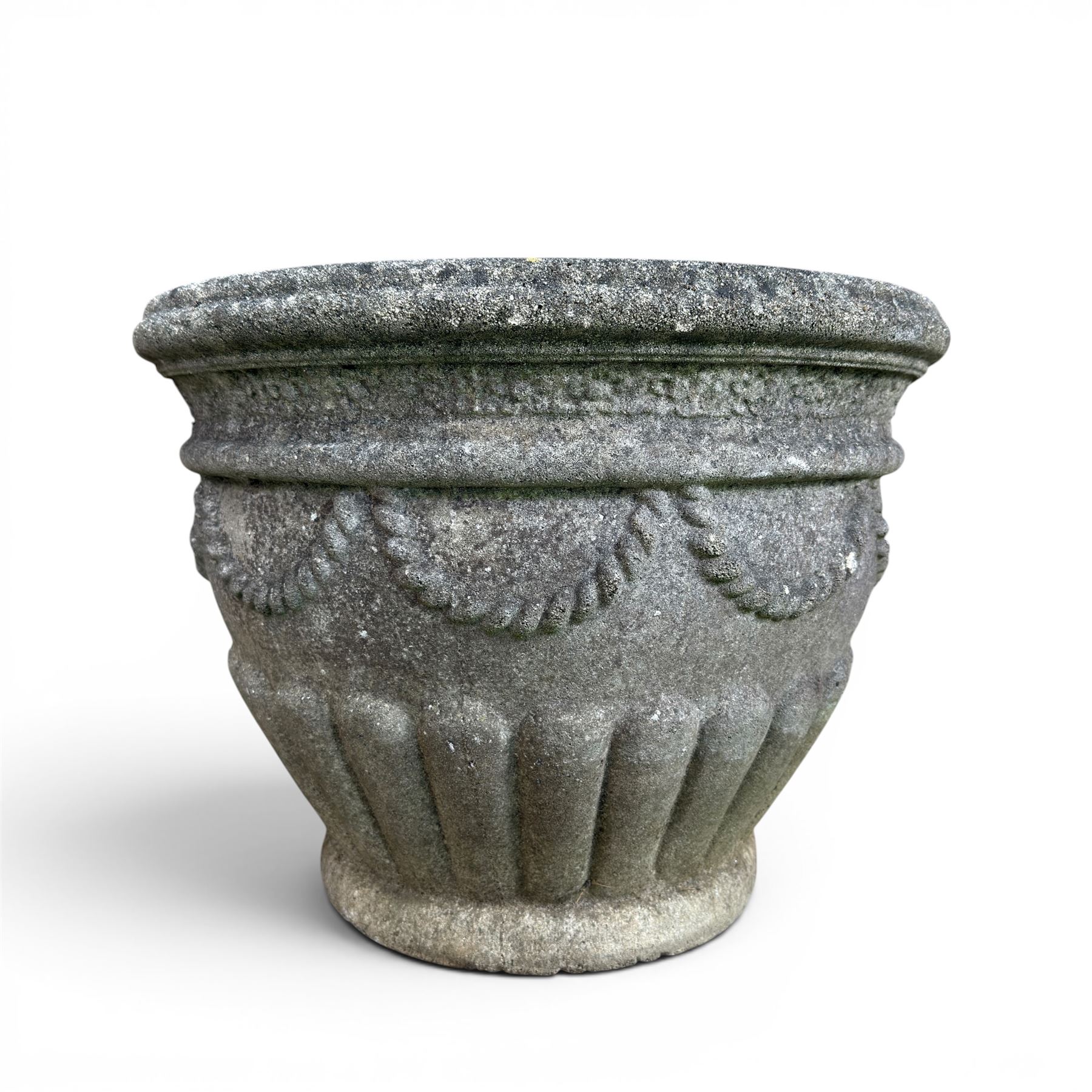 Collection of decorative cast stone garden pieces, comprising three graces bird bath, three urn planters, urn base, figure of girl and a Scottie dog (7)