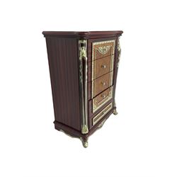 Rococo style wood finish chest, fitted with five drawers, decorated with scrolled foliate and flower heads 