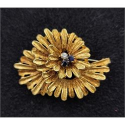 18ct gold three stone diamond and sapphire stylised flower brooch, London import mark 1969
