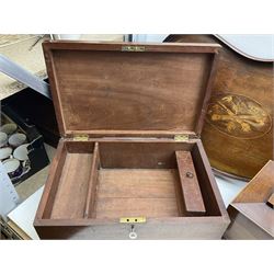 Three 19th century wooden boxes, to include a sewing box of sarcophagus form upon compressed bun feet, plus a mahogany twin handled kidney shaped tray, in one box