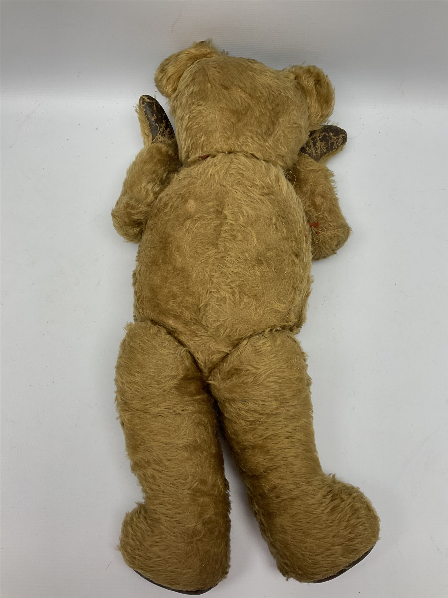 Mid-20th century plush covered teddy bear the revolving head with applied eyes, vertically stitched nose and jointed limbs with rexine pads H58cm; together with a leather backpack (2)