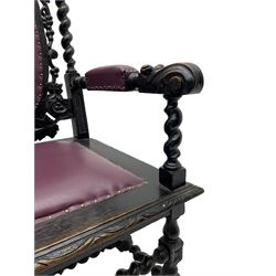 Pair of Victorian Carolean design open armchairs, the cresting rail pierced and carved with foliage over trailing grape vine and spiral turned supports, oval back, seat and arms upholstered in purple leather with stud work, acanthus carved arm terminals on spiral pillars, the seat rail carved with lunettes and foliate decoration, on turned and block supports carved with flower heads united by spiral turned stretchers