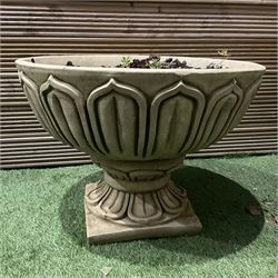 Pair of large decorated cast stone planters on plinths  - THIS LOT IS TO BE COLLECTED BY APPOINTMENT FROM DUGGLEBY STORAGE, GREAT HILL, EASTFIELD, SCARBOROUGH, YO11 3TX