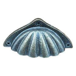 Contemporary hardwood side table, rectangular top over two drawers with shell cup handles, open shelf below, raised on square tapering supports