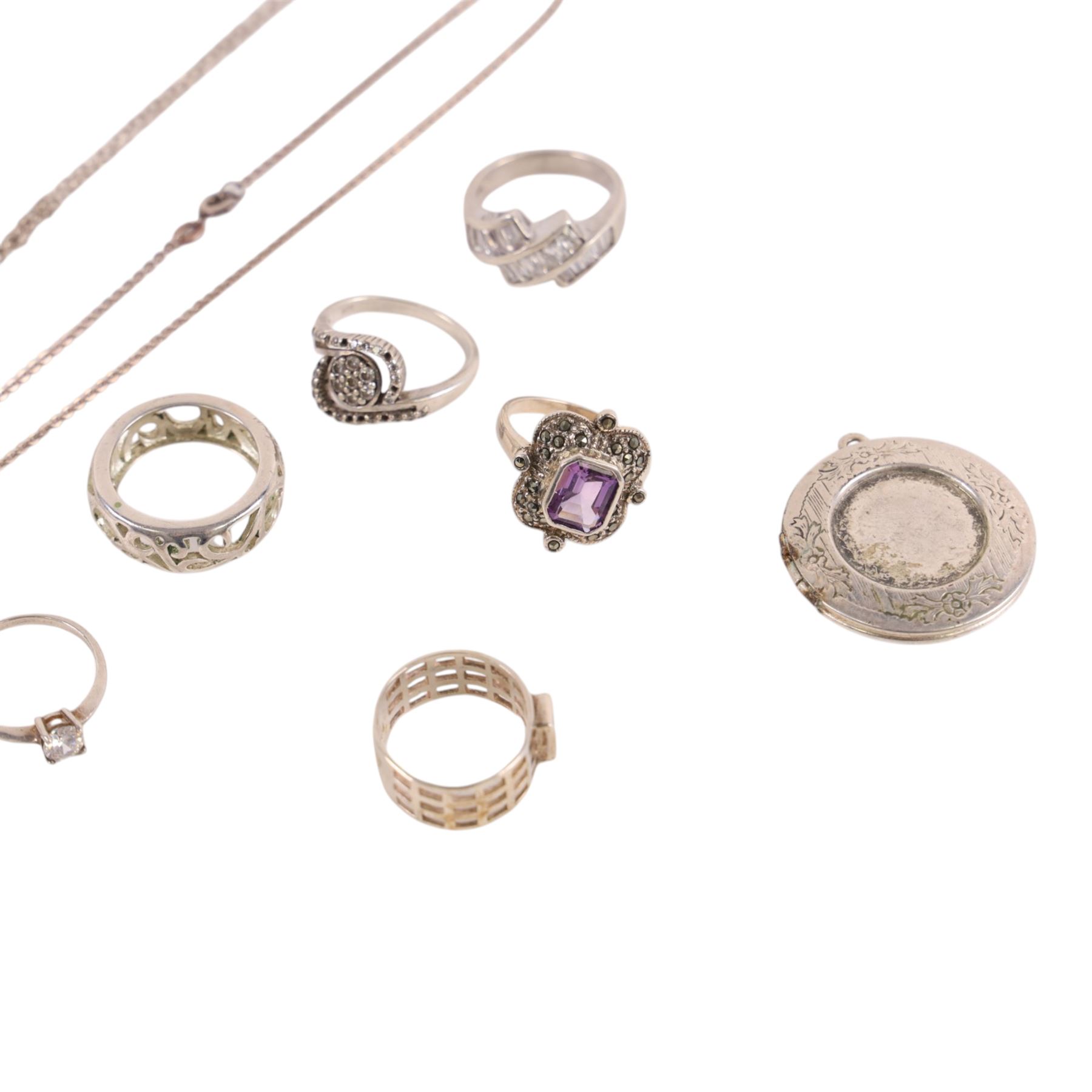 Silver and silver stone set jewellery, including cultured pearl necklace, rings, pendants, etc