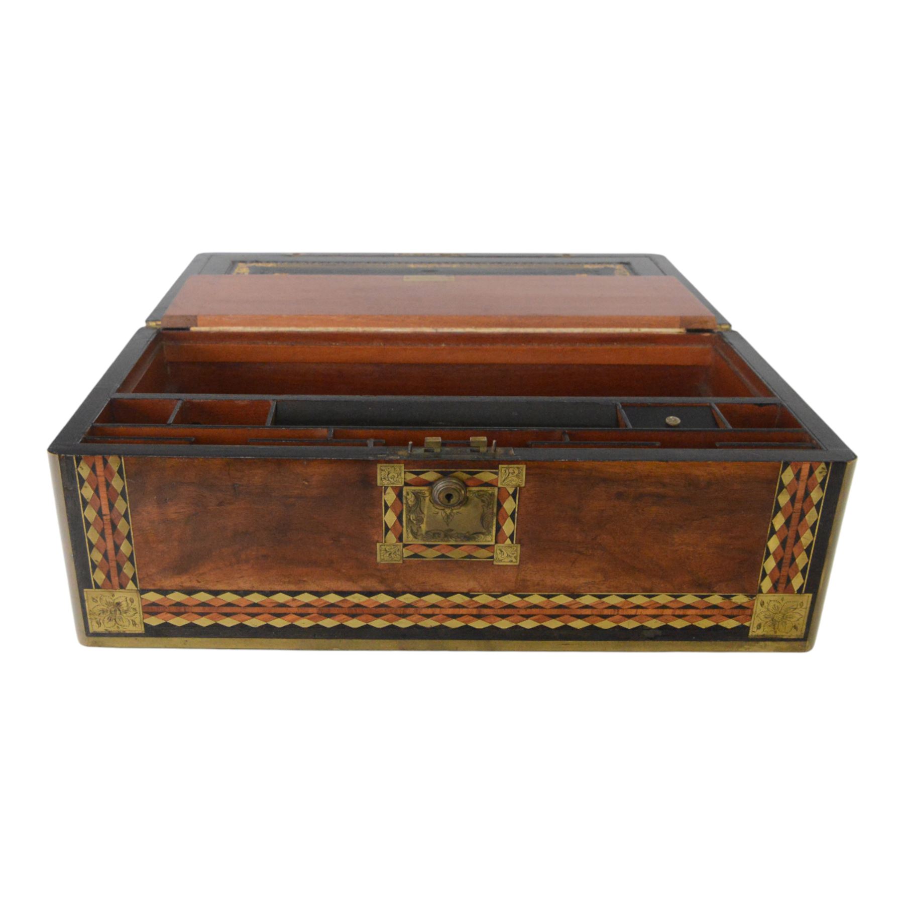 19th century rosewood writing slope, of rectangular form, the hinged cover and front with inlaid foliate engraved brass corner panels, and inlaid marquetry and brass diamond borders, the cover with foliate engraved and named central plaque, opening to reveal a fitted and compartmented interior with gilt tooled black leather slope, H21cm W50cm D28.5cm