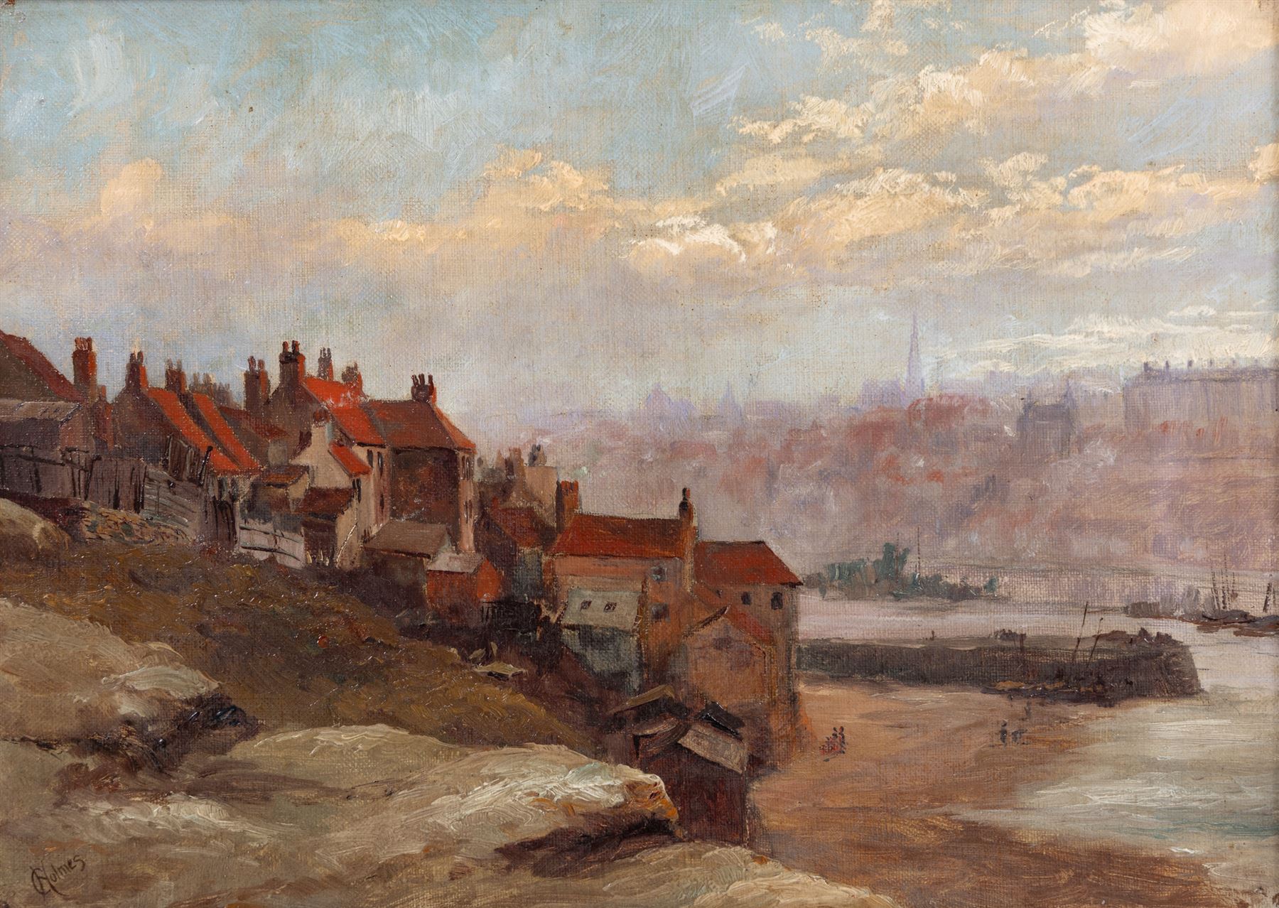 C Holmes (British 19th/20th Century): Clouds over Whitby, oil on canvas signed, 24cm x 34cm; Hely Augustus Morton Smith (British 1862-1941): Entering Whitby Harbour, watercolour signed 42cm x 30cm; W Berkeley (British 19th Century): The Doorway, watercolour signed and dated '04, 23cm x 19cm (3)