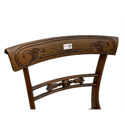 Pair of Regency rosewood framed side chairs, carved back rails over cane seat, raised on reeded supports (W46cm D50cm H84cm); set of three Edwardian walnut cane seat bedroom chairs, carved shield back (W41cm H88cm)