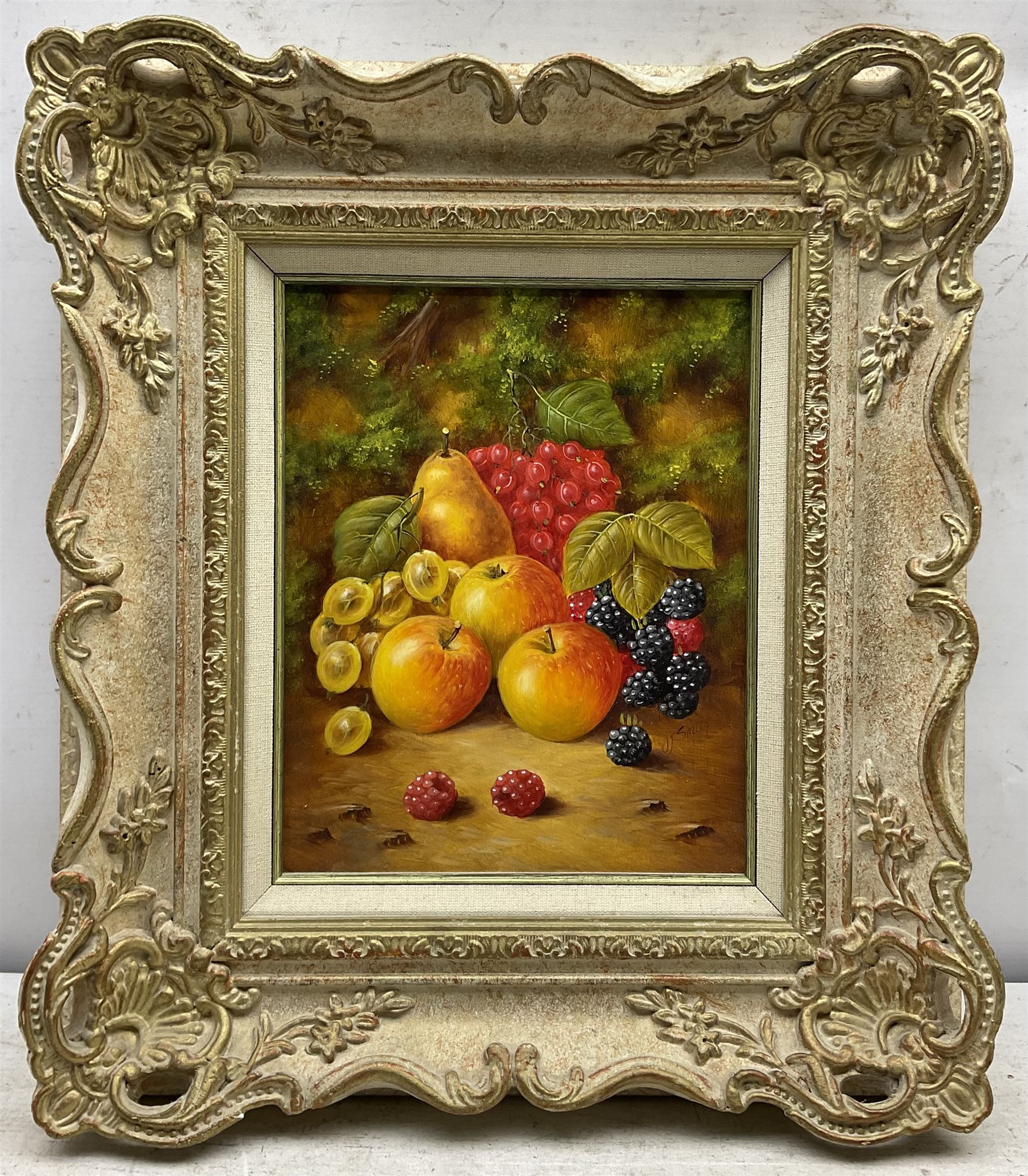 John F Smith (British 1934-): Still Life of Apples, pair oils on board signed 24cm x 19cm 
Notes: Smith was employed by Royal Worcester as a fruit painter between 1950 and 1971.