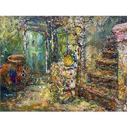 Geoffrey Stansfield (British 1933-2011): 'Courtyard in Gaios - Paxos', acrylic on board signed with initials and dated '02, titled on exhibition label verso 46cm x 60cm 
Provenance: exh. Royal Academy Summer Exhibion 2002, label verso