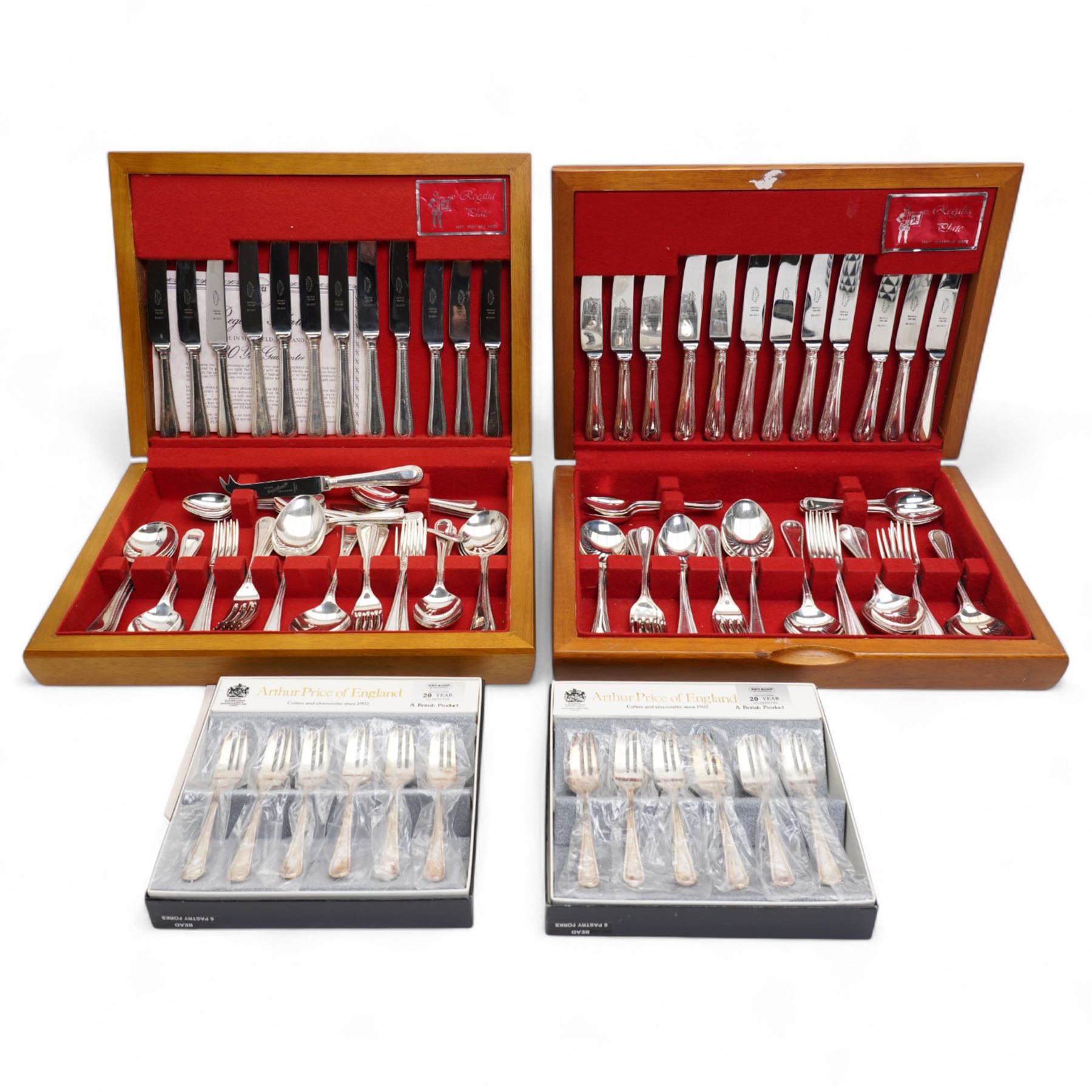 Canteen of Regalia Plate bead edge plated cutlery for six covers, another matching set, each containing forty four pieces, two boxes of Arthur Price matching bead edge pastry forks, cheese knife, butter knife and preserve spoon