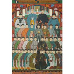 Large and impressive Chinese ancestral portrait, late Qing dynasty, gouache on stitched canvas with gilded highlights, showing thirty-eight sitters across four registers, the principal ancestors depicted before an altar table holding various ritual items, each in official dress and many wearing Golden Pheasant (Second-rank) and Silver Pheasant (Fifth-rank) Mandarin squares or 'buzi', overall 190cm x 131cm 