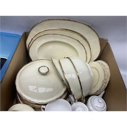 Royal Albert Masquerade pattern tea service for six, together with Royal Albert Dogwood pattern teacup and saucer and Alfred Meakin tea and dinner wares decorated with gilt on cream ground to include lidded tureens and oval serving plates etc in two boxes