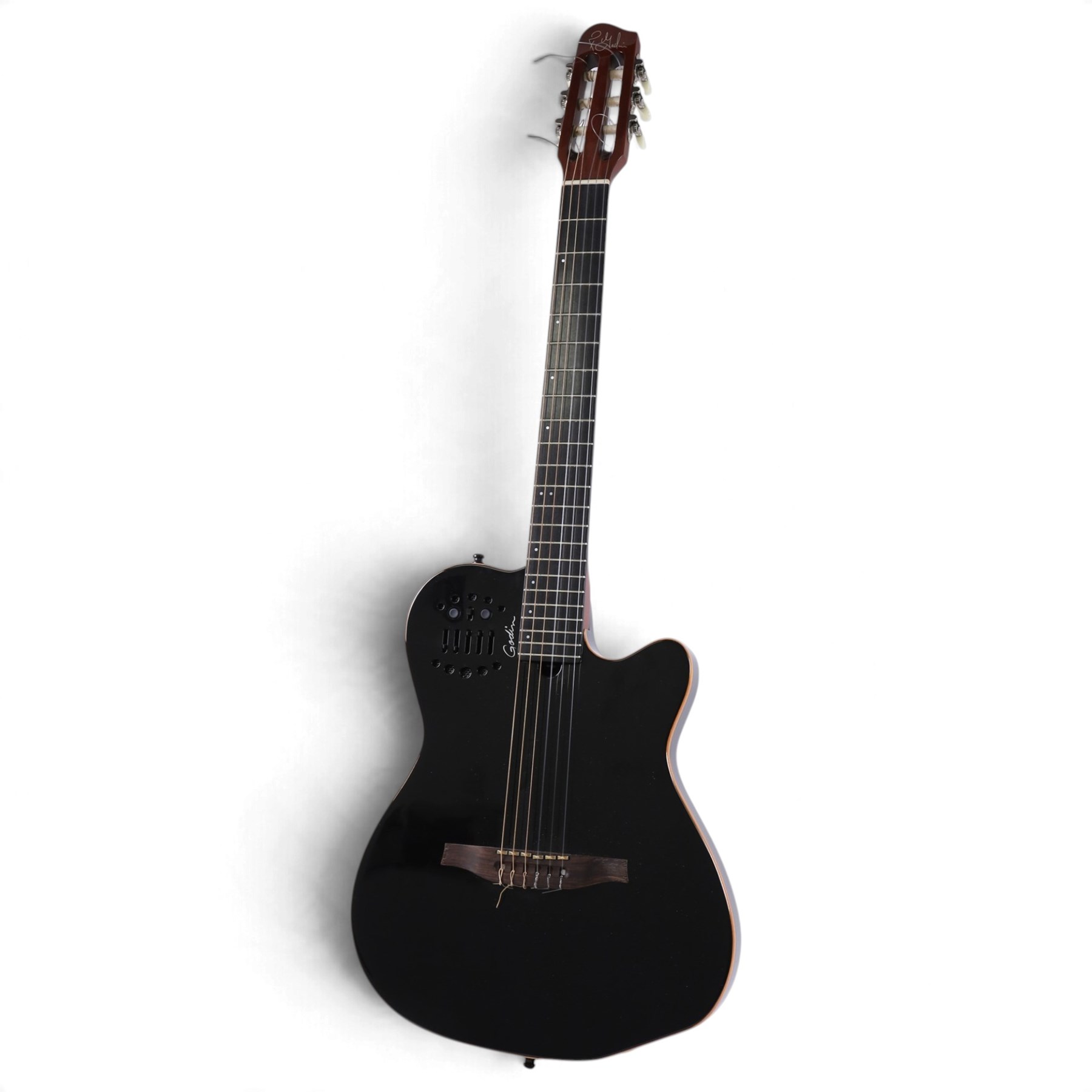 Godin Multiac ACS SA chambered hybrid guitar, in black high gloss finish, made in Canada, serial no. 17352113, in fitted soft case, L103cm