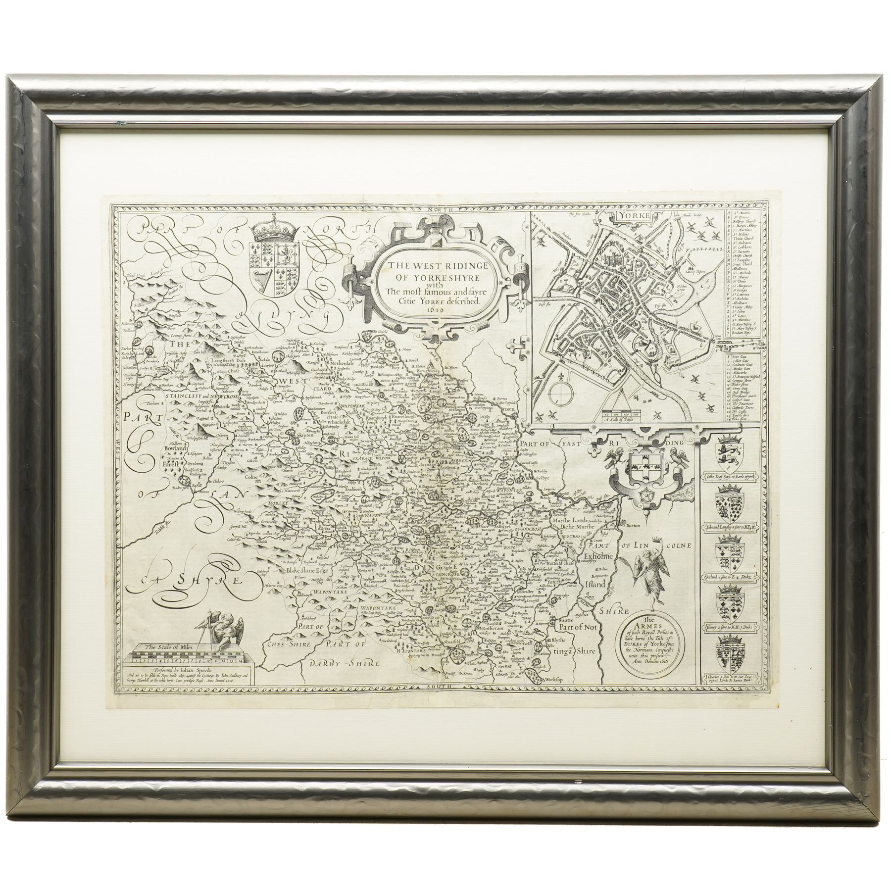 John Speed (British 1552–1629): ‘The North and East Ridings of Yorkshire’ and ‘The West Ridinge of Yorkshyre’, pair of early 17th century engraved maps, first edition, first strike, both in original uncoloured condition, with numerous armorials, decorative cartouches and embellishments, the North & East Riding map with inset plans of Richmond and Hull, and the West Riding map with an inset plan of Yorke, pub. 1611 & 1616 with the rare Latin text verso 40cm x 53cm (2)